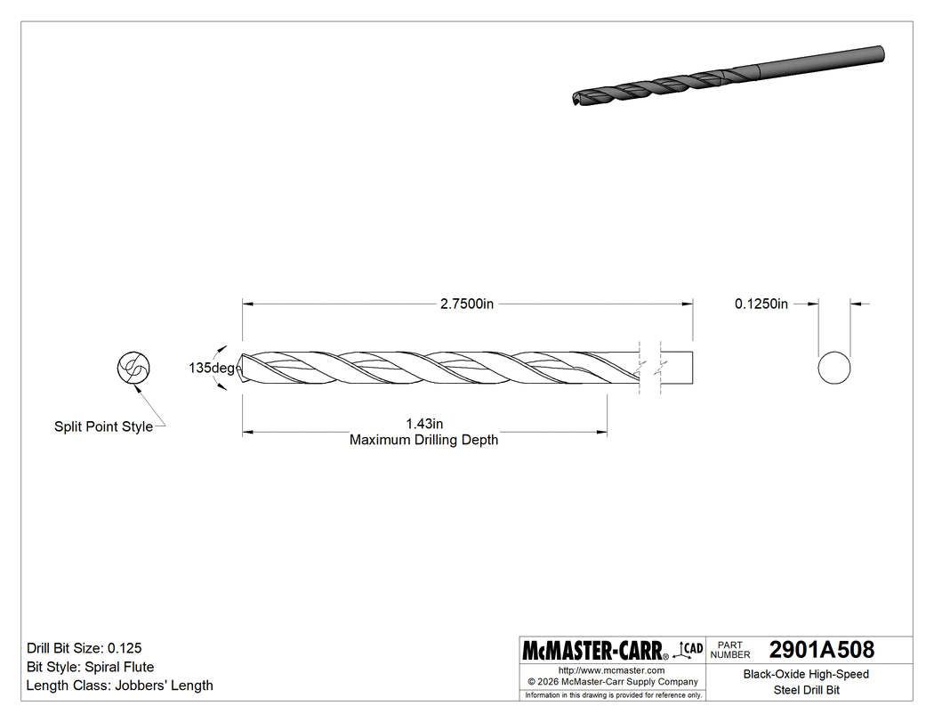 Technical Drawing of Black-Oxide High-Speed Steel Drill Bit, 1/8" Size, 2-3/4" Overall Length.